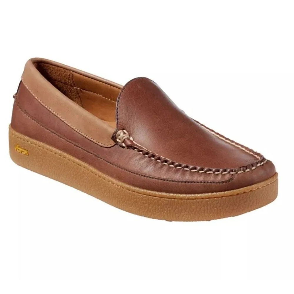 LL Bean Mens 11D Lodge Moc  Loafer Vibram Tan Brown Leather Comfort Outdoor